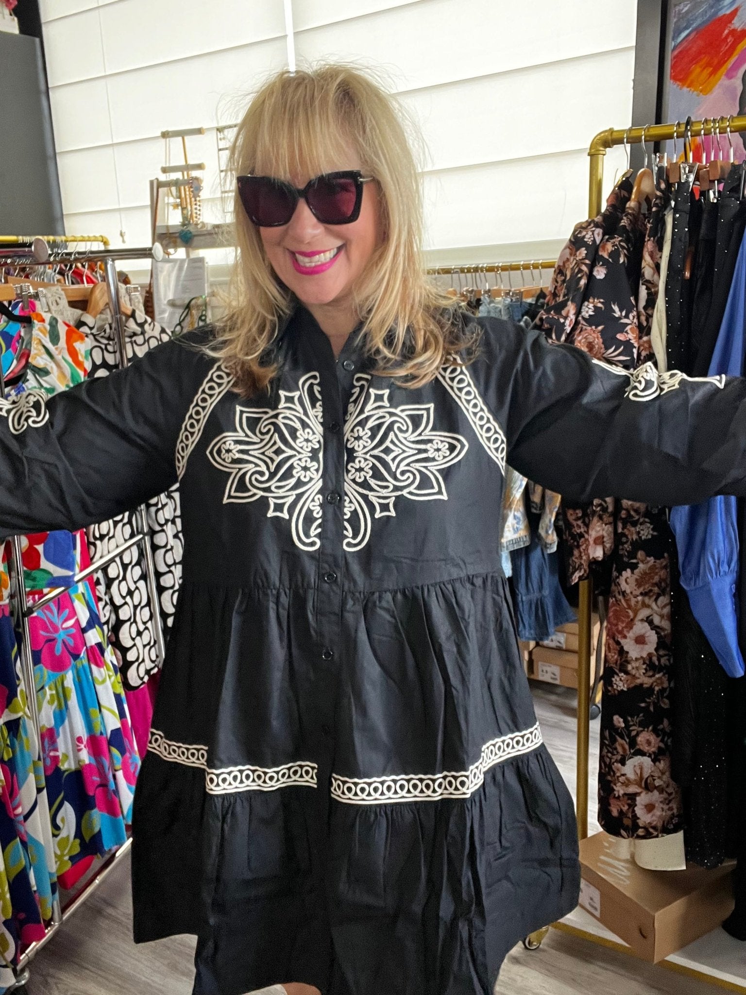 Elegant Embroidered Button-Down Mini Dress with Puff Sleeves - Bella Boutique & Bellasbylola.com