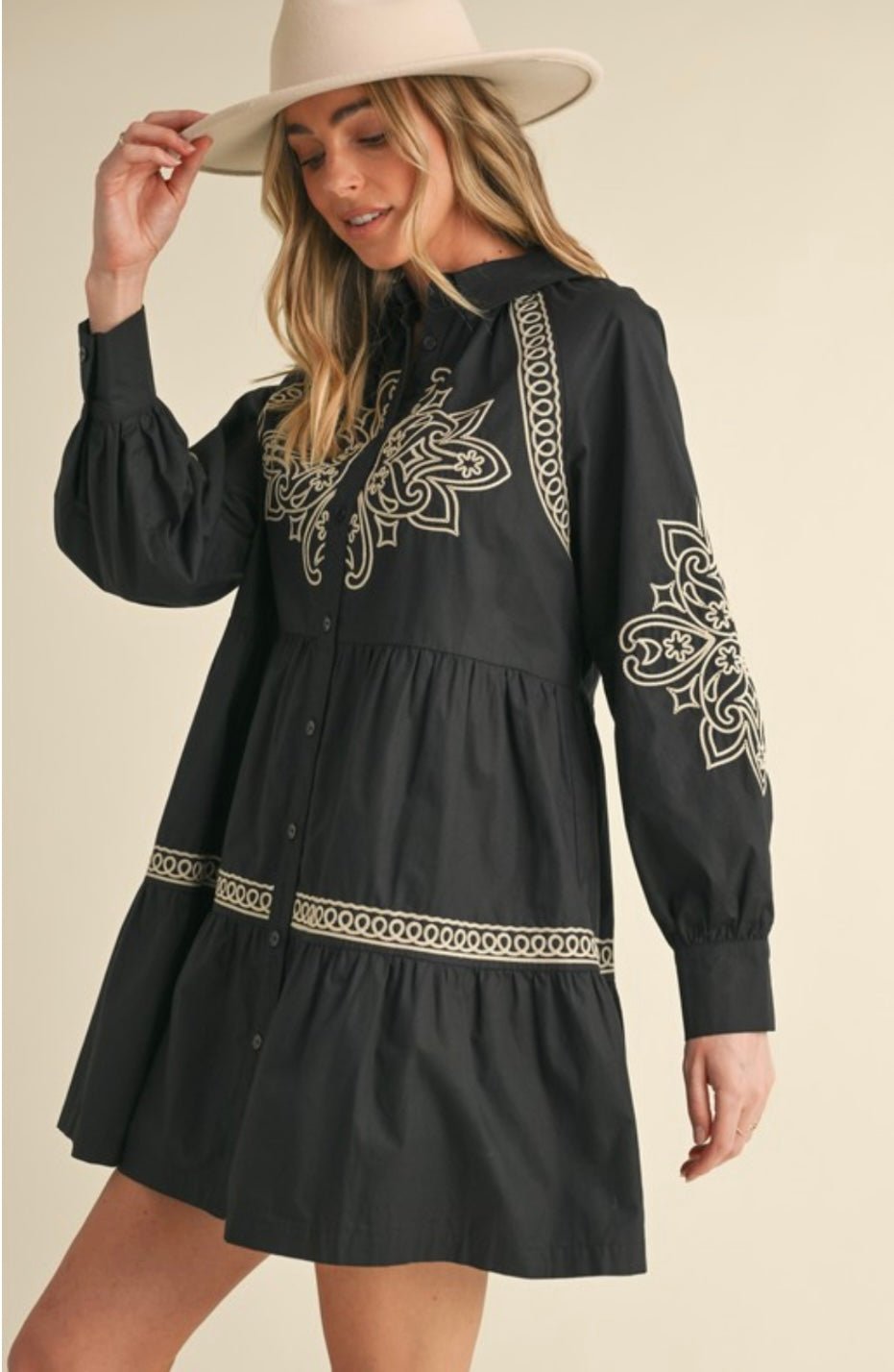 Elegant Embroidered Button-Down Mini Dress with Puff Sleeves - Bella Boutique & Bellasbylola.com