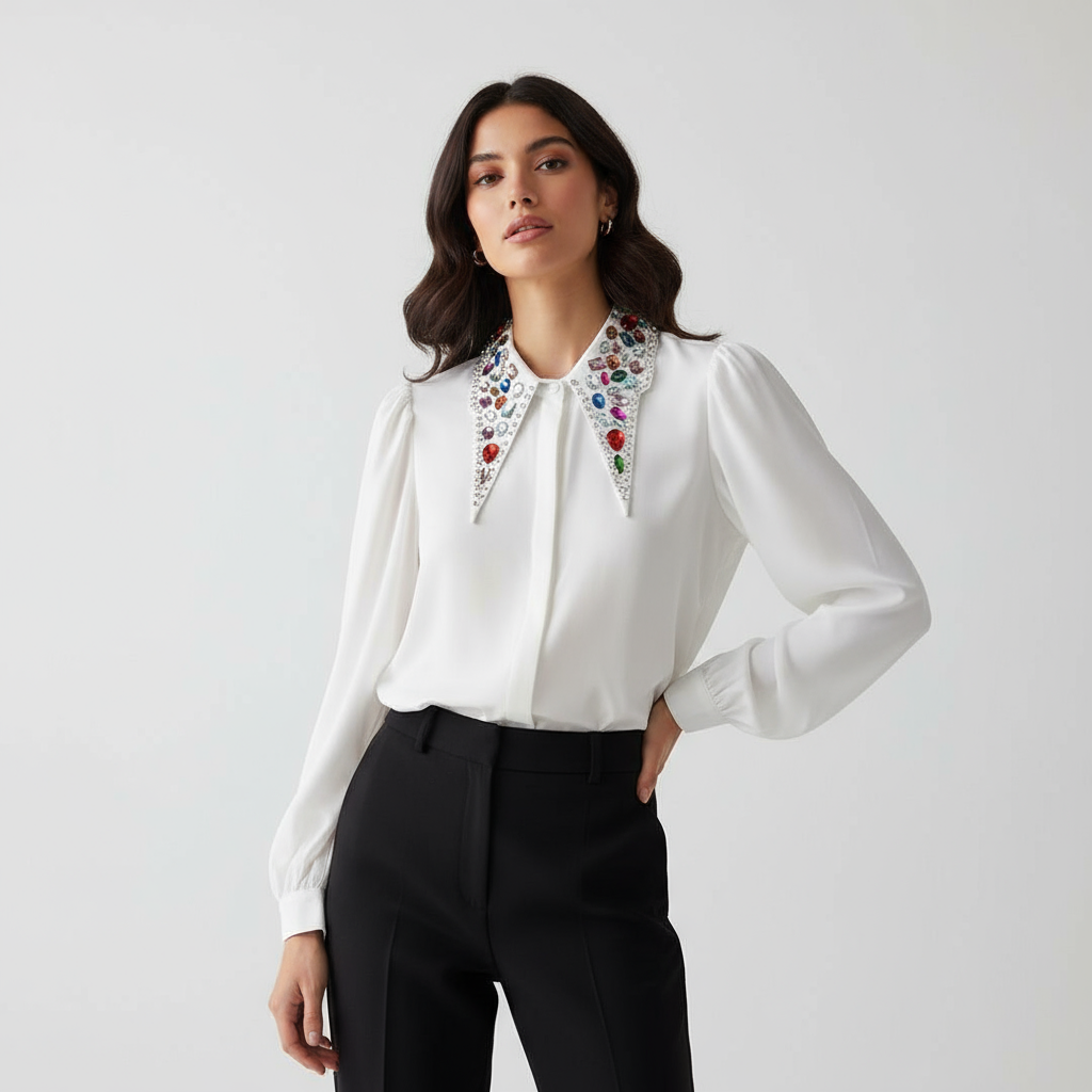White Embellished Crystals Blouse