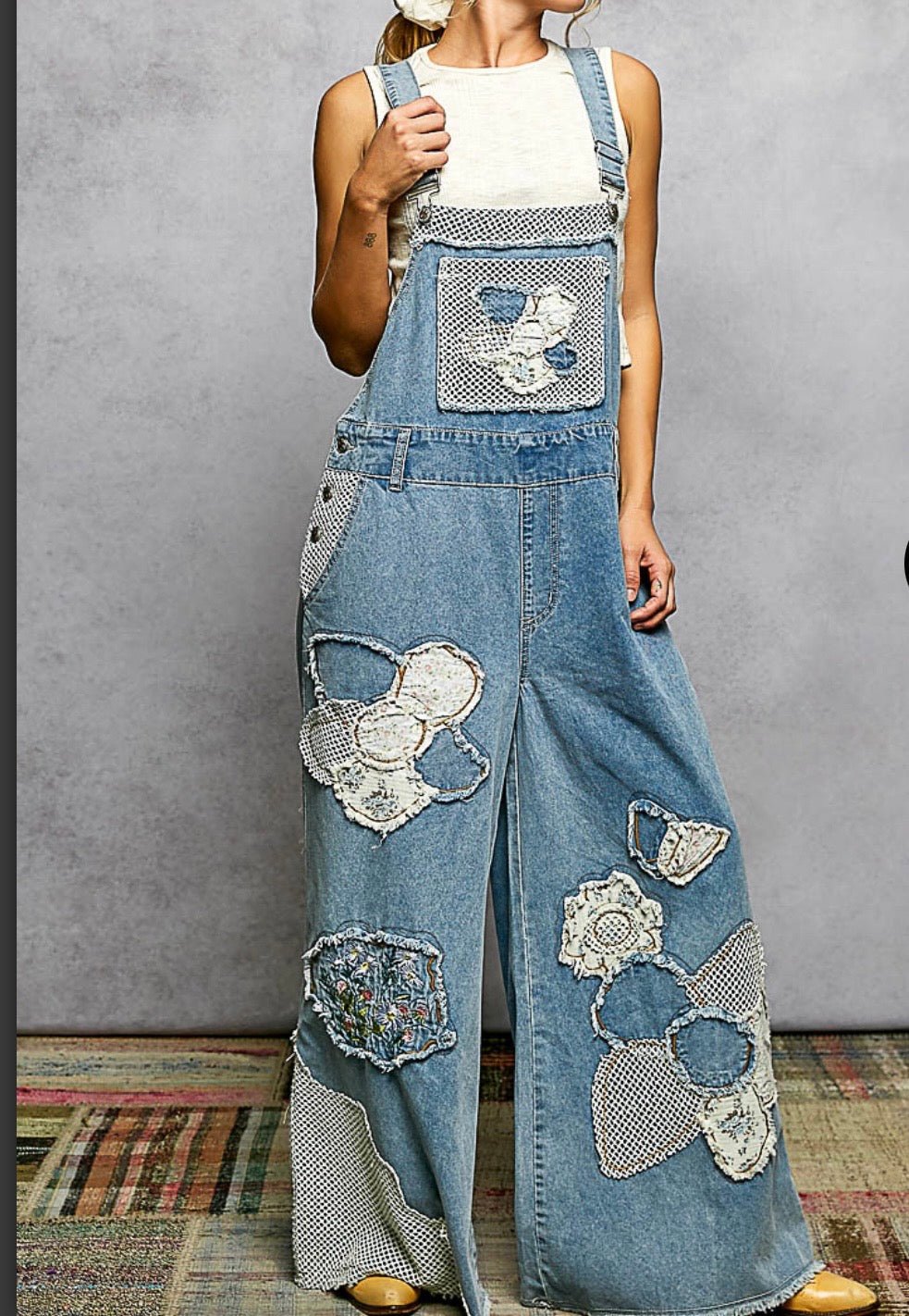 Wide Leg Denim Overall with crochet - Bella Boutique & Bellasbylola.com