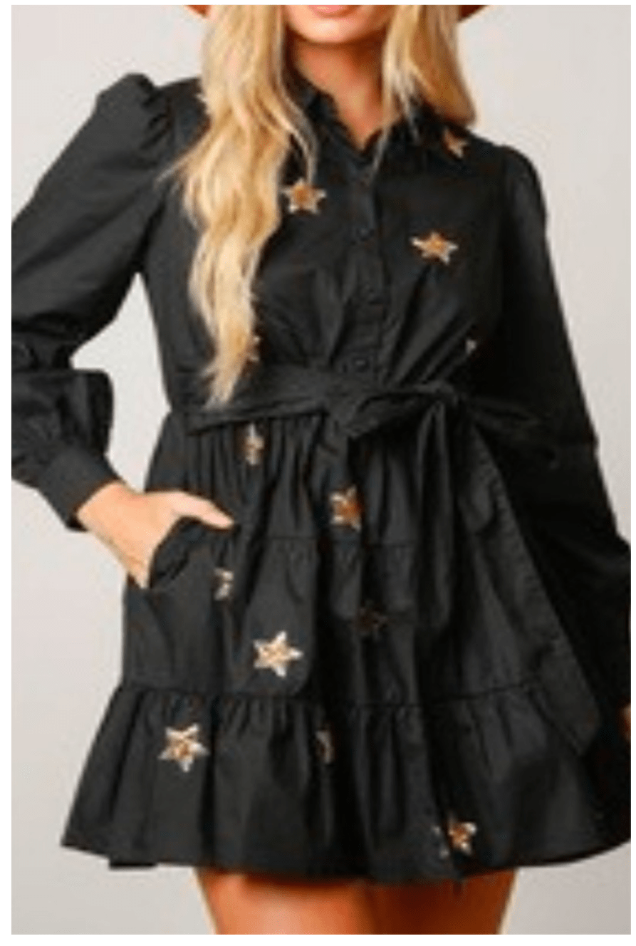 Wine Gold Star Appliqué Mini Dress - Bella Boutique & Bellasbylola.com