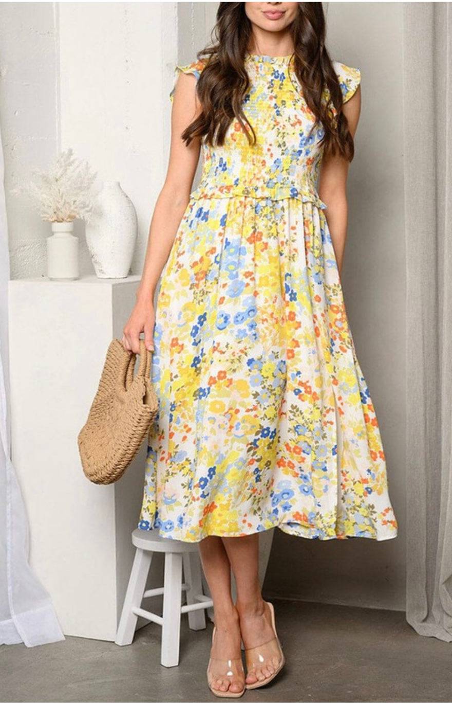Sunny Day Sleeveless Midi Dress - Yellow/Blue Smock Silhouette - Bella Boutique & Bellasbylola.com