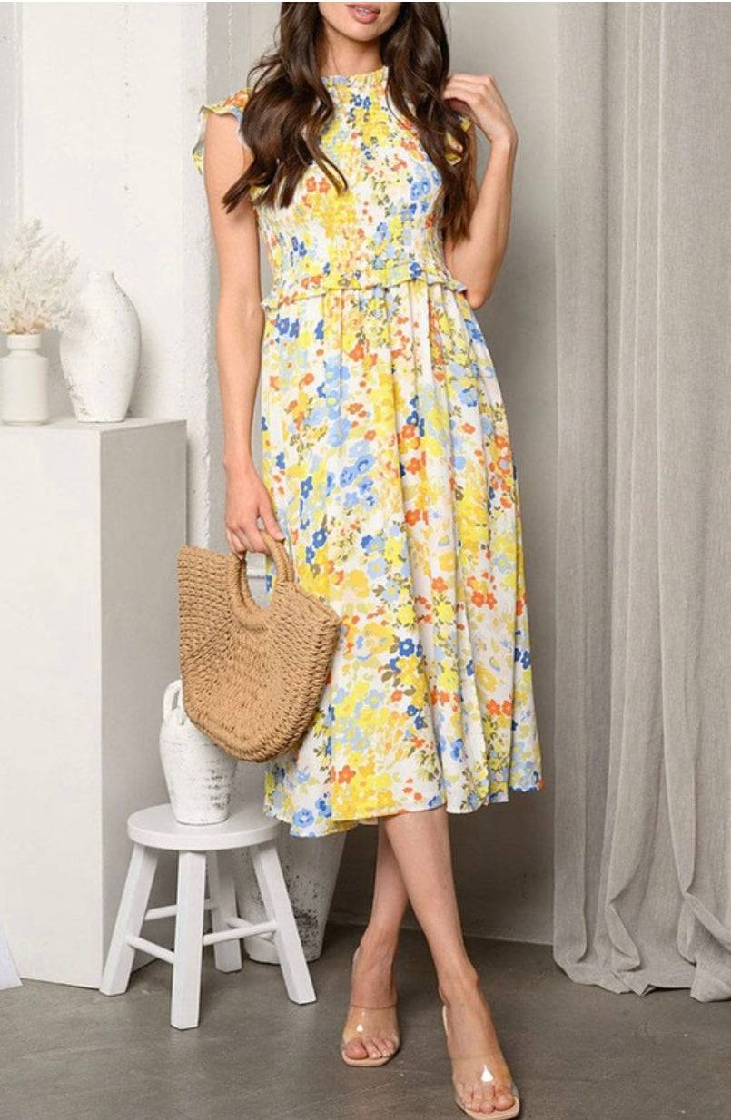 Sunny Day Sleeveless Midi Dress - Yellow/Blue Smock Silhouette - Bella Boutique & Bellasbylola.com