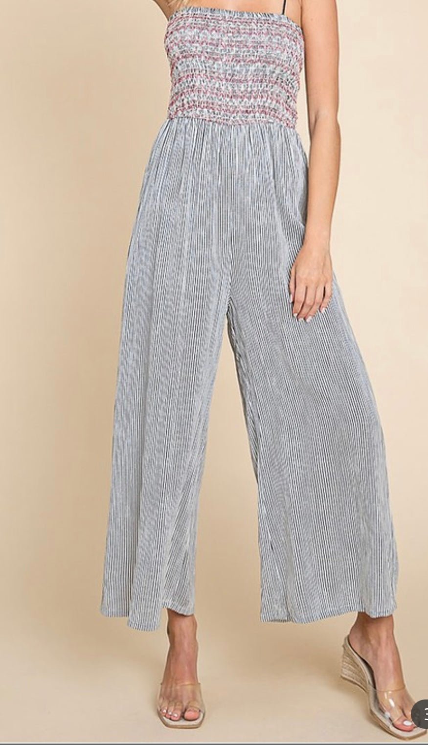 Timeless Luxury: Zig Zag Jumpsuit with Classic Smocking Stripe Pattern - Bella Boutique & Bellasbylola.com