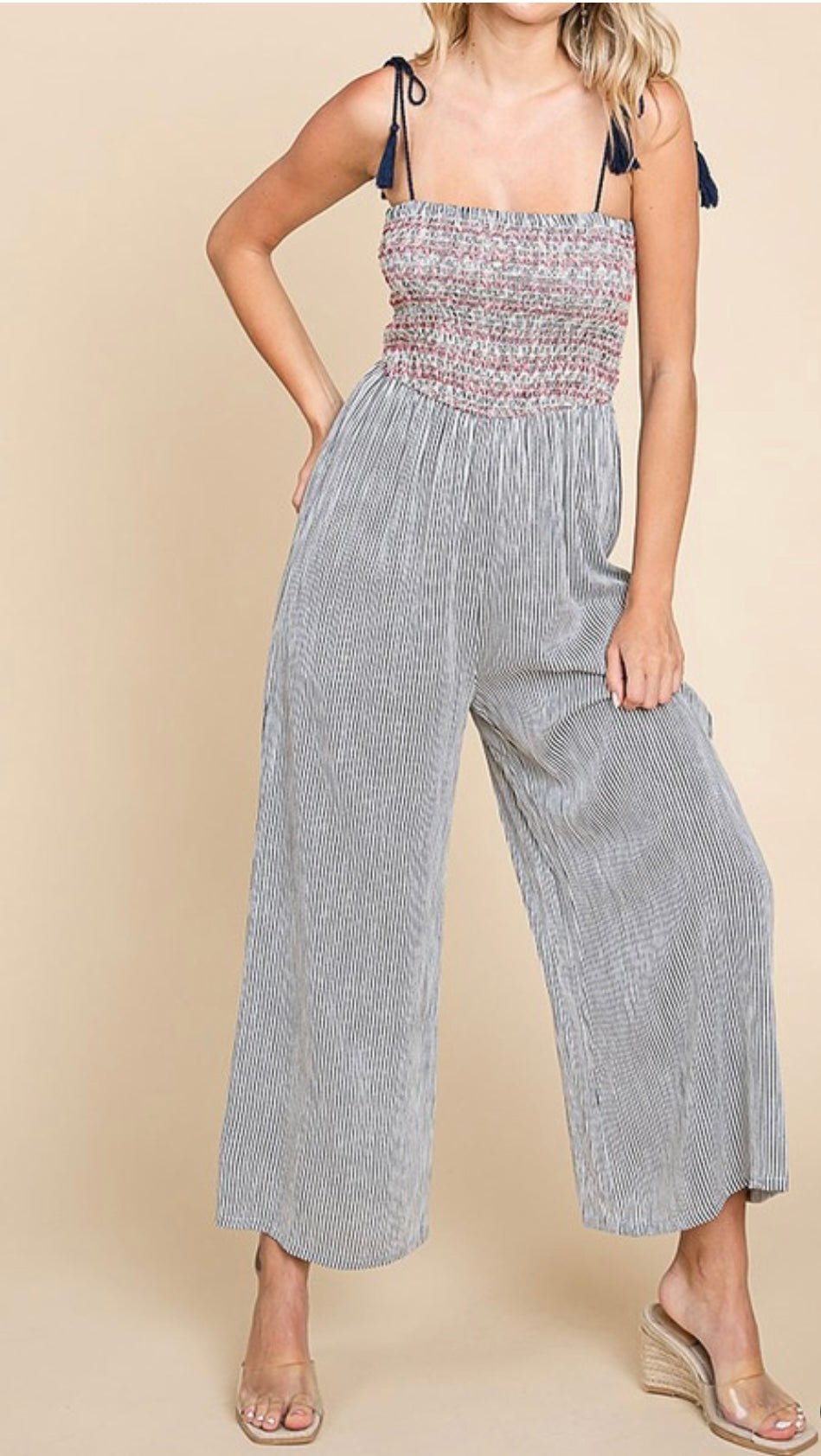 Timeless Luxury: Zig Zag Jumpsuit with Classic Smocking Stripe Pattern - Bella Boutique & Bellasbylola.com