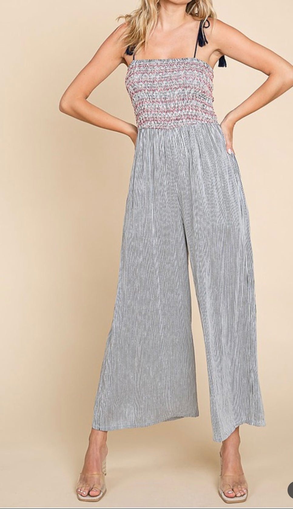 Timeless Luxury: Zig Zag Jumpsuit with Classic Smocking Stripe Pattern - Bella Boutique & Bellasbylola.com