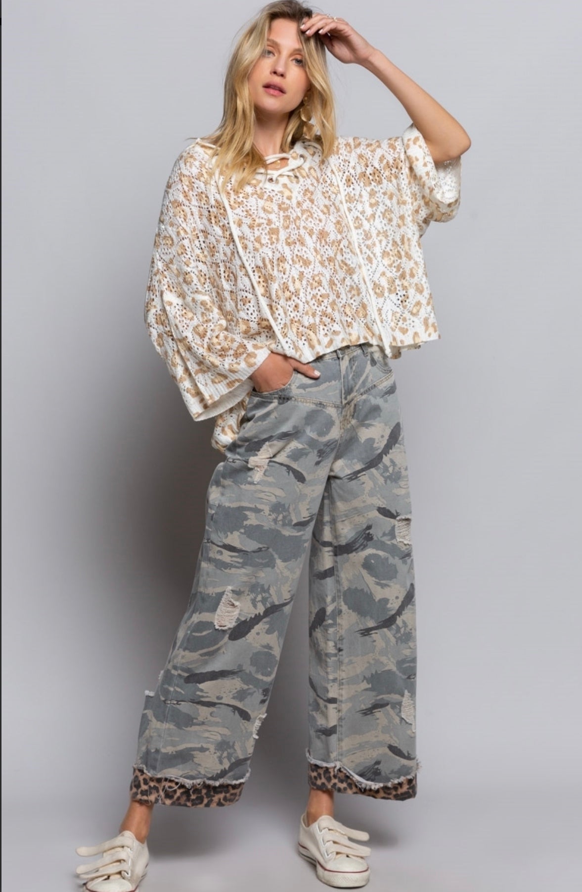 Stylish Camo Wide Leg Pants with Distressed Leopard Band - Bella Boutique & Bellasbylola.com