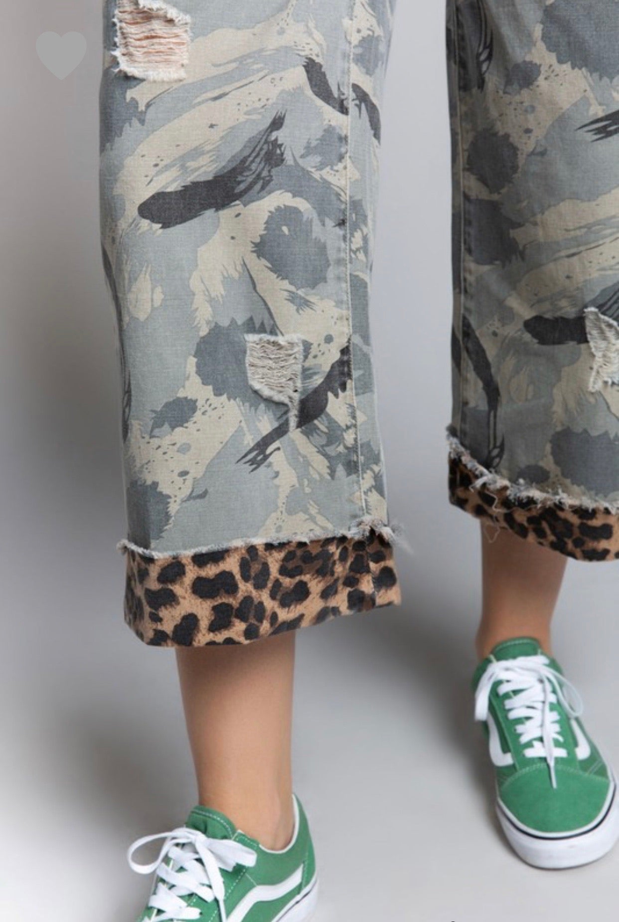 Stylish Camo Wide Leg Pants with Distressed Leopard Band - Bella Boutique & Bellasbylola.com