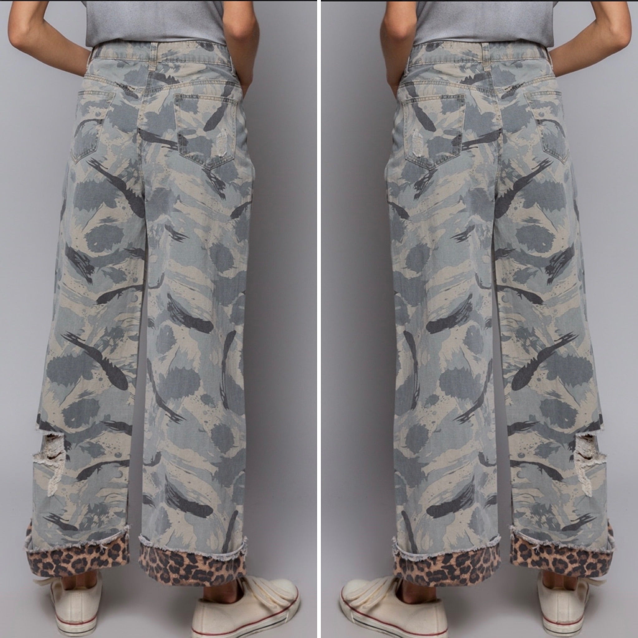 Stylish Camo Wide Leg Pants with Distressed Leopard Band - Bella Boutique & Bellasbylola.com