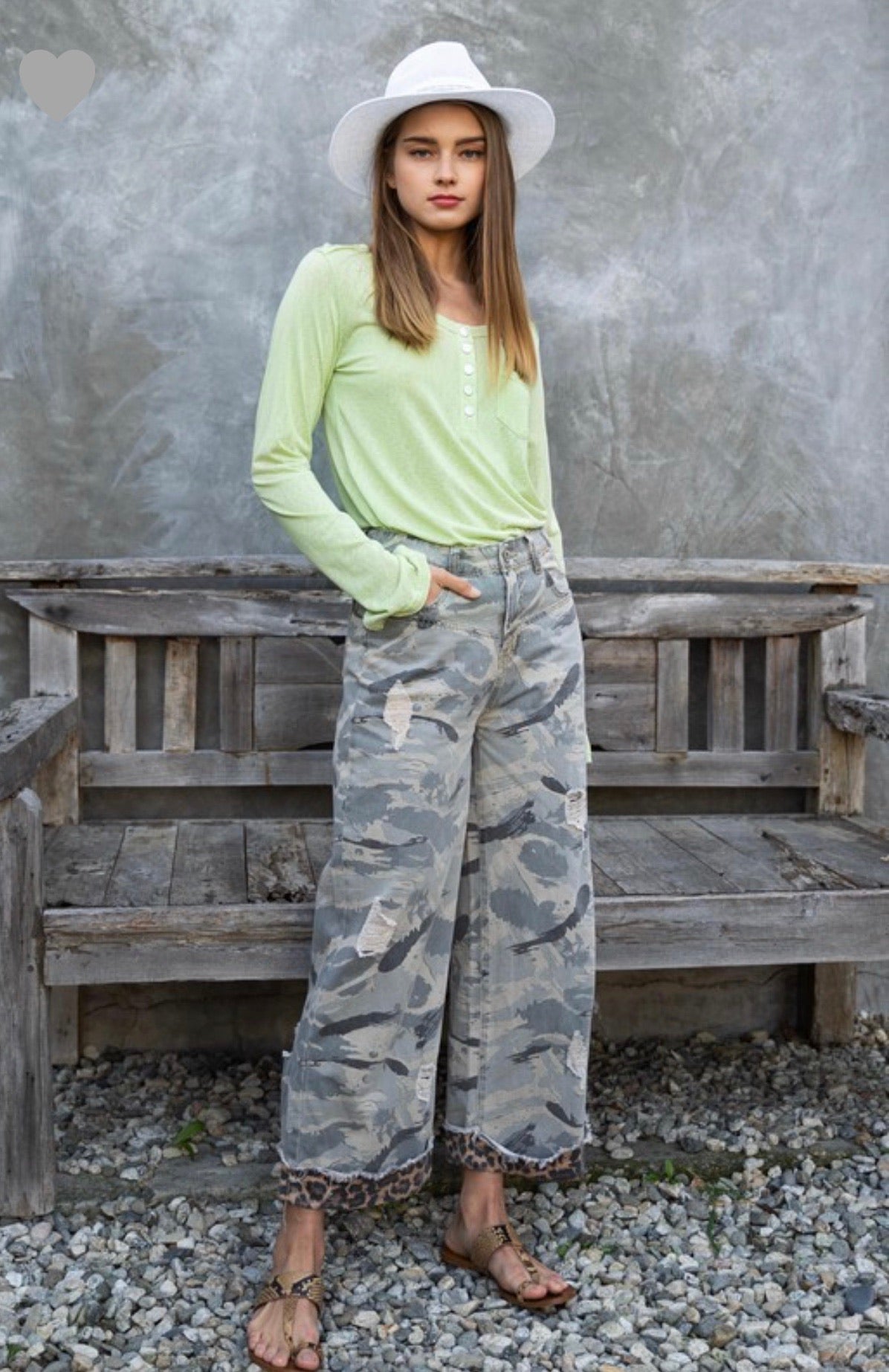 Stylish Camo Wide Leg Pants with Distressed Leopard Band - Bella Boutique & Bellasbylola.com