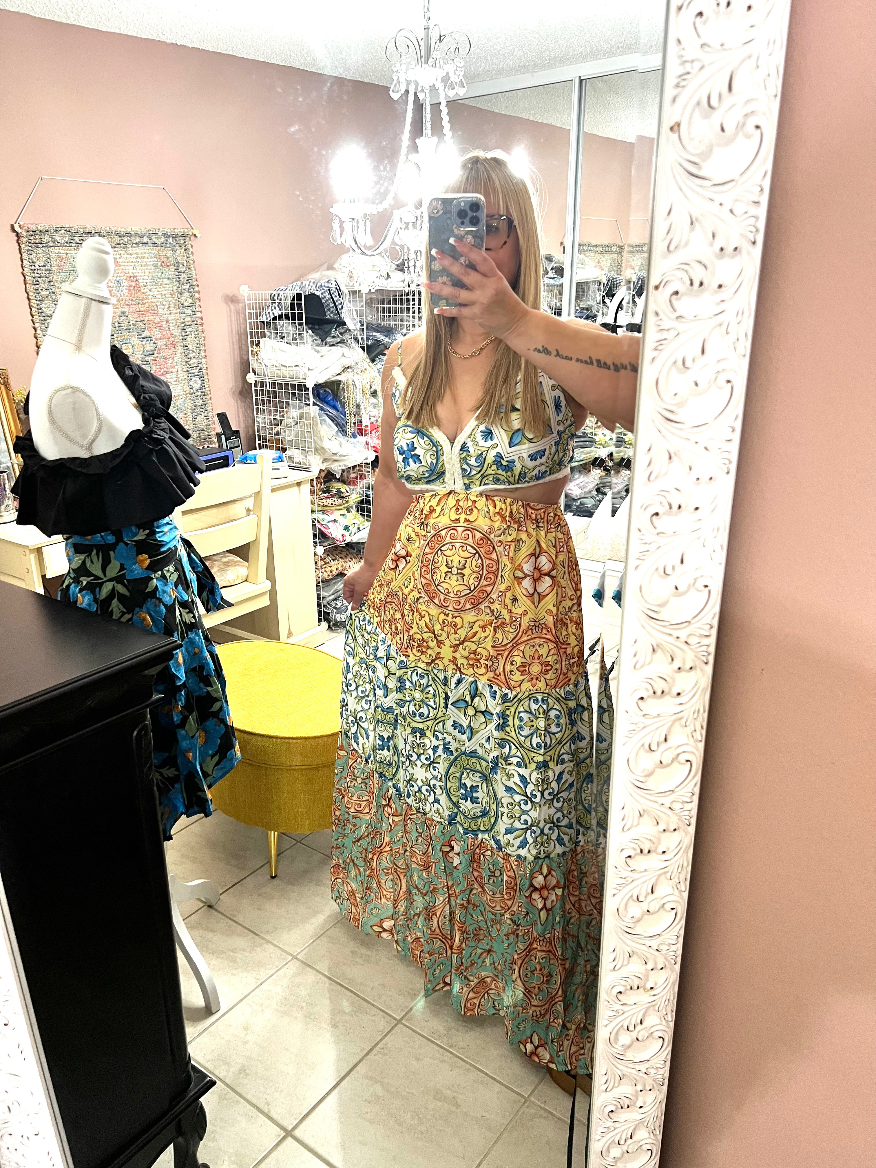 Colorful Spaghetti Strap Maxi Dress with Cutout Waist & V-Neck - Bella Boutique & Bellasbylola.com