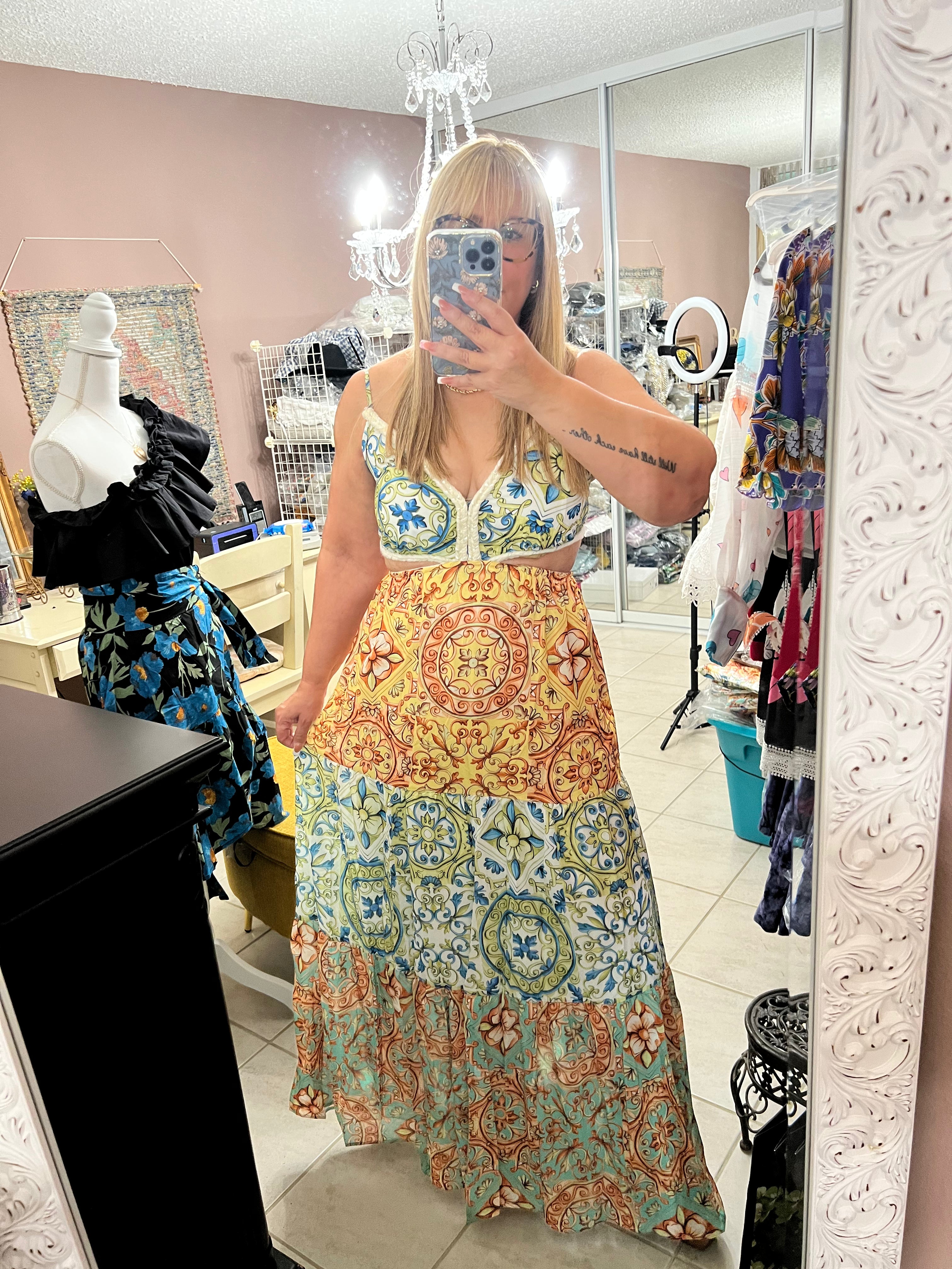 Colorful Spaghetti Strap Maxi Dress with Cutout Waist & V-Neck - Bella Boutique & Bellasbylola.com