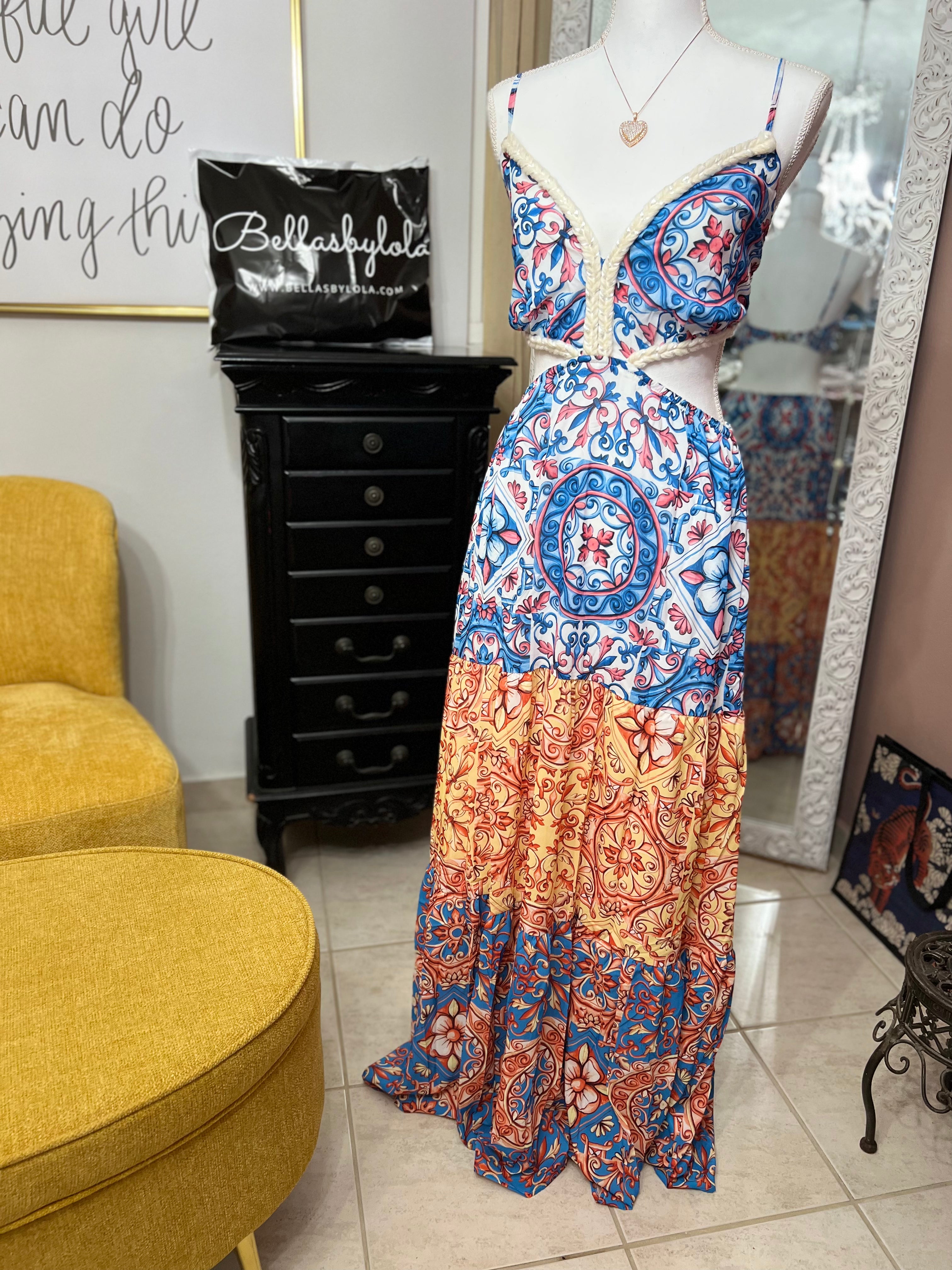 Baroque Blue Maxi: Spaghetti Strap Cutout Waist Dress - Bella Boutique & Bellasbylola.com