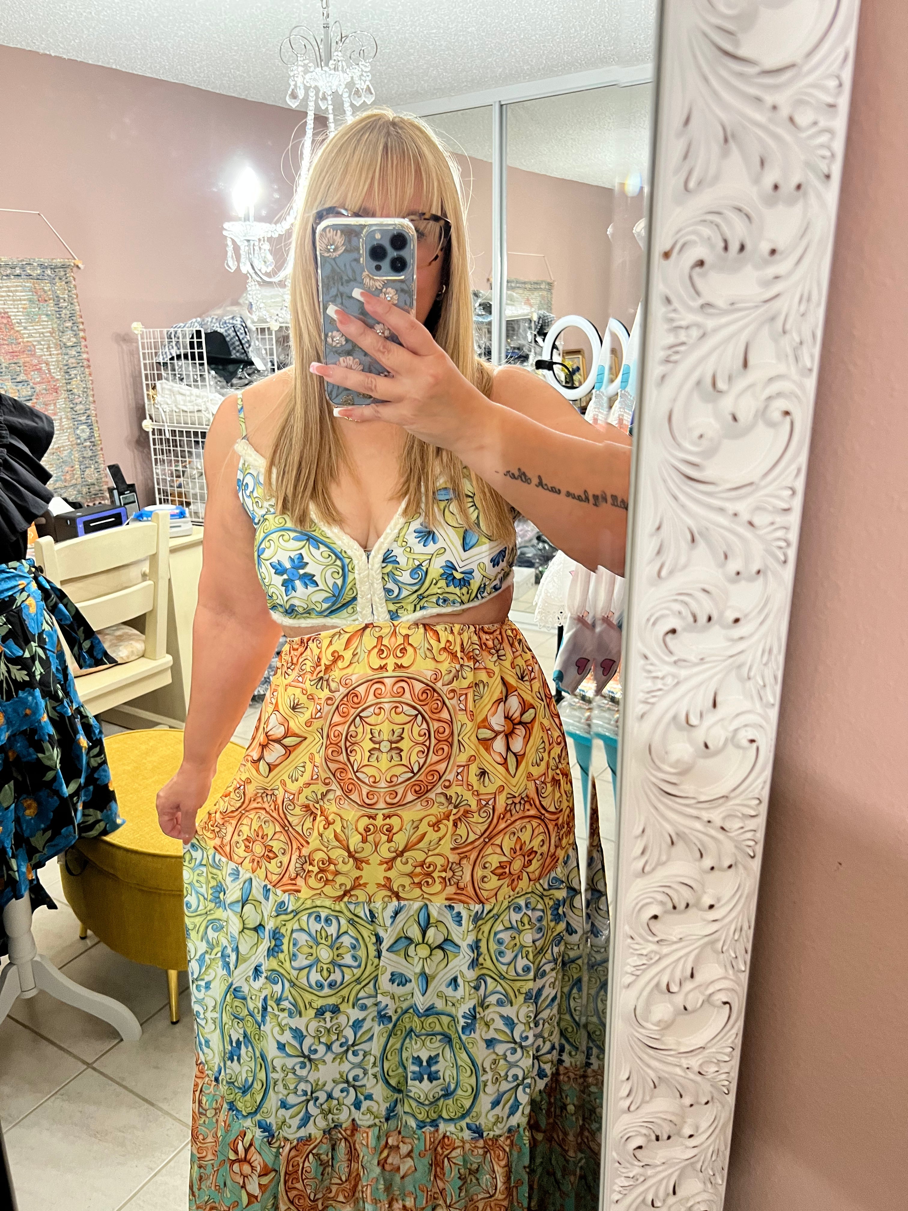 Colorful Spaghetti Strap Maxi Dress with Cutout Waist & V-Neck - Bella Boutique & Bellasbylola.com