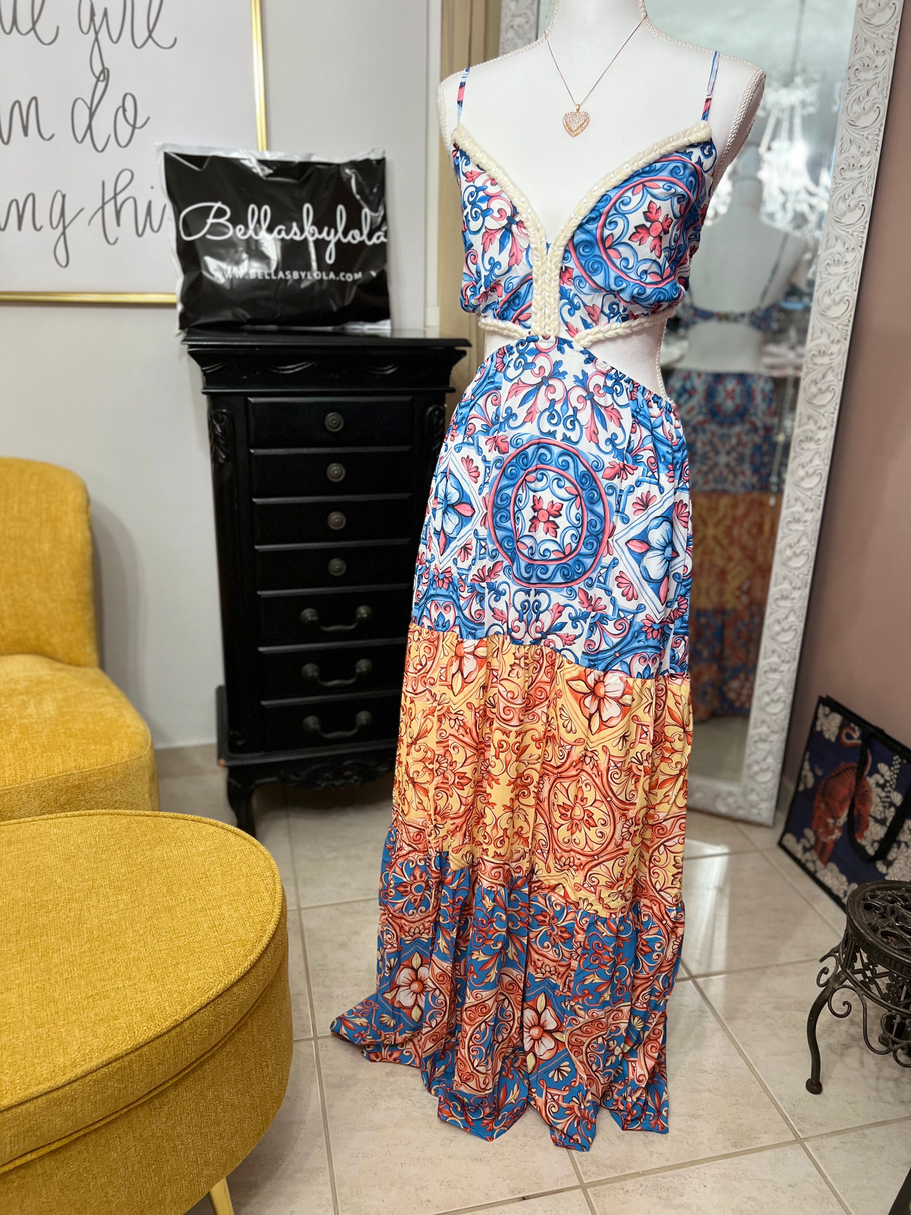 Baroque Blue Maxi: Spaghetti Strap Cutout Waist Dress - Bella Boutique & Bellasbylola.com