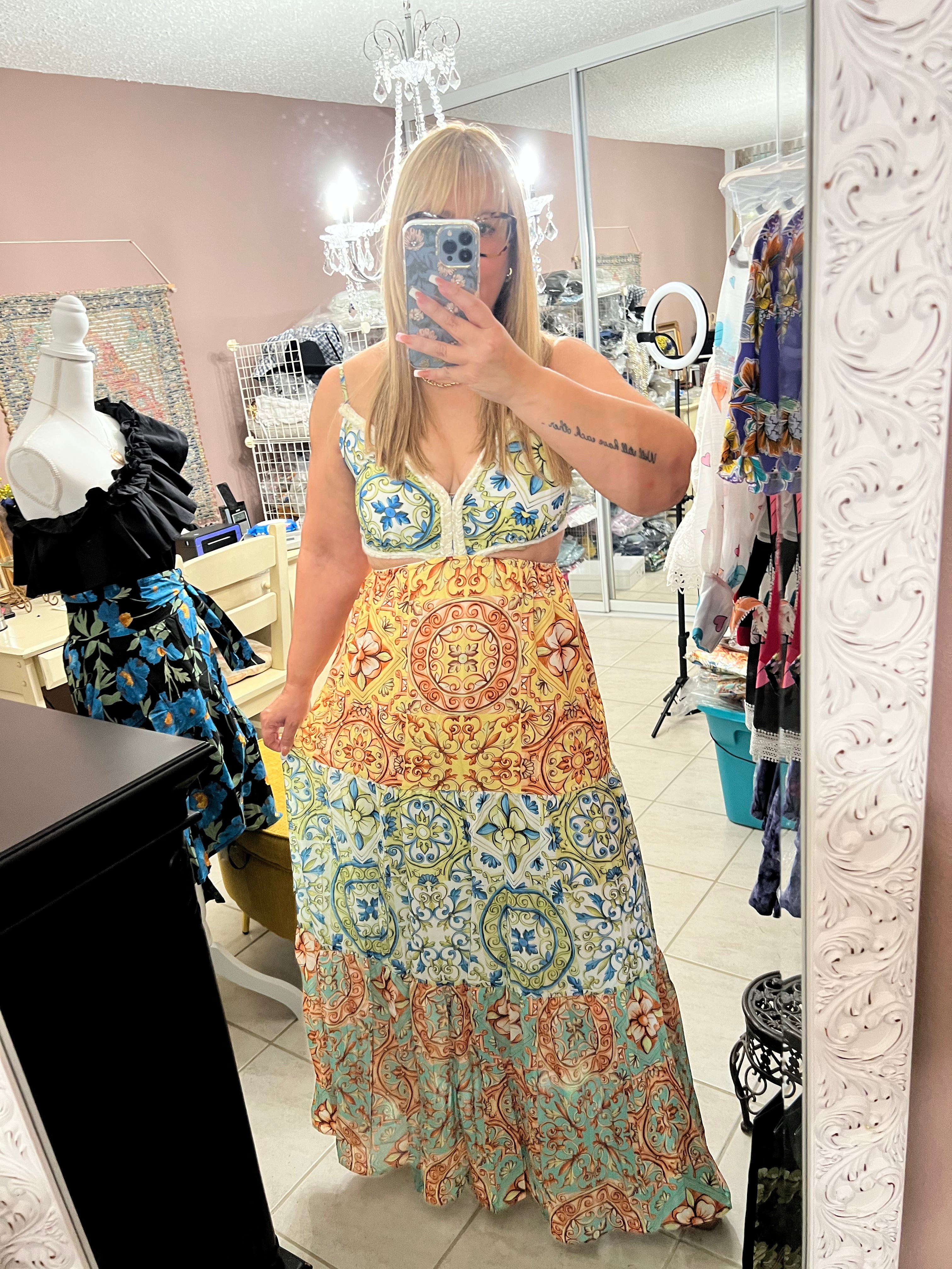 Colorful Spaghetti Strap Maxi Dress with Cutout Waist & V-Neck - Bella Boutique & Bellasbylola.com