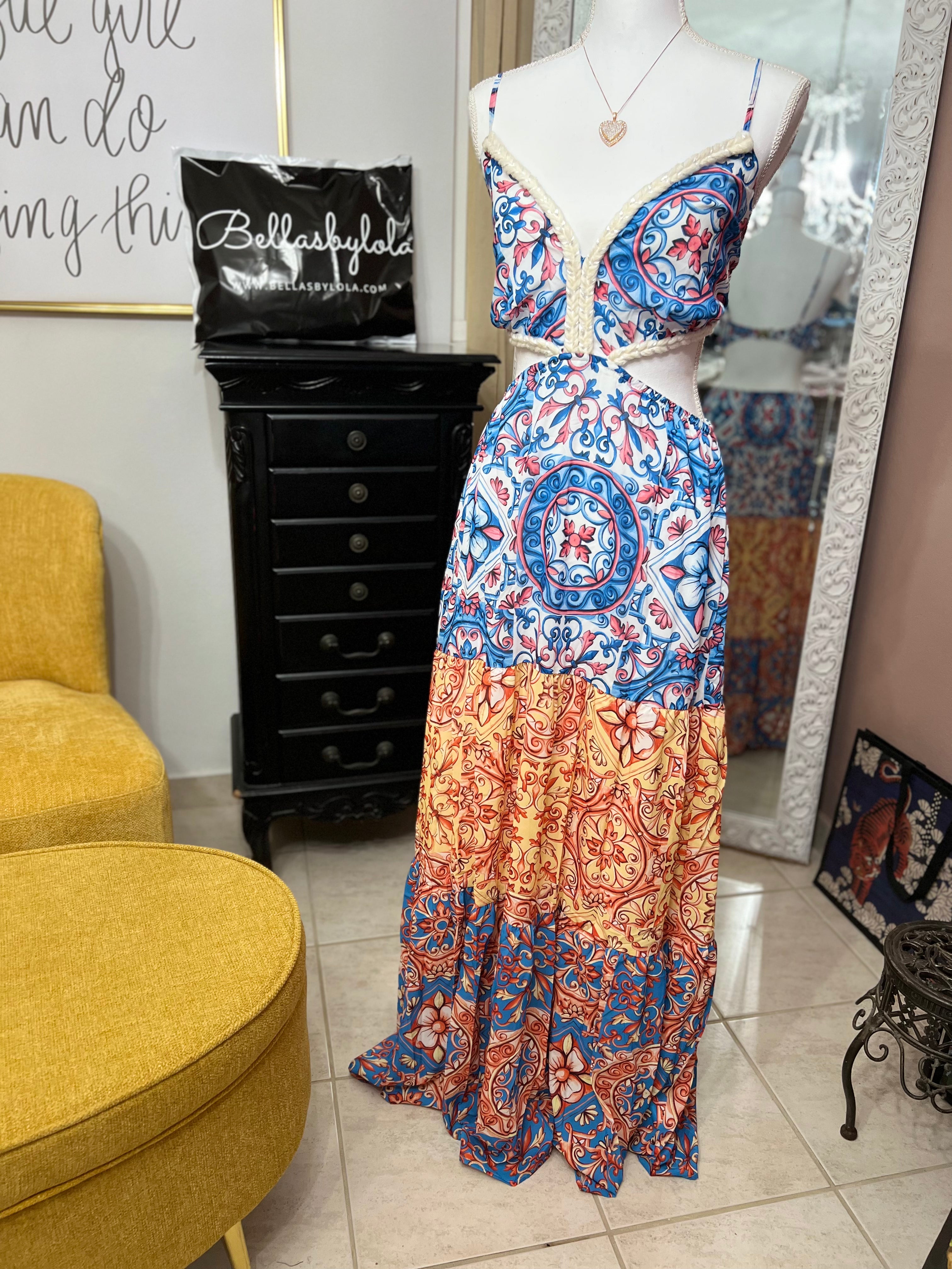 Baroque Blue Maxi: Spaghetti Strap Cutout Waist Dress - Bella Boutique & Bellasbylola.com