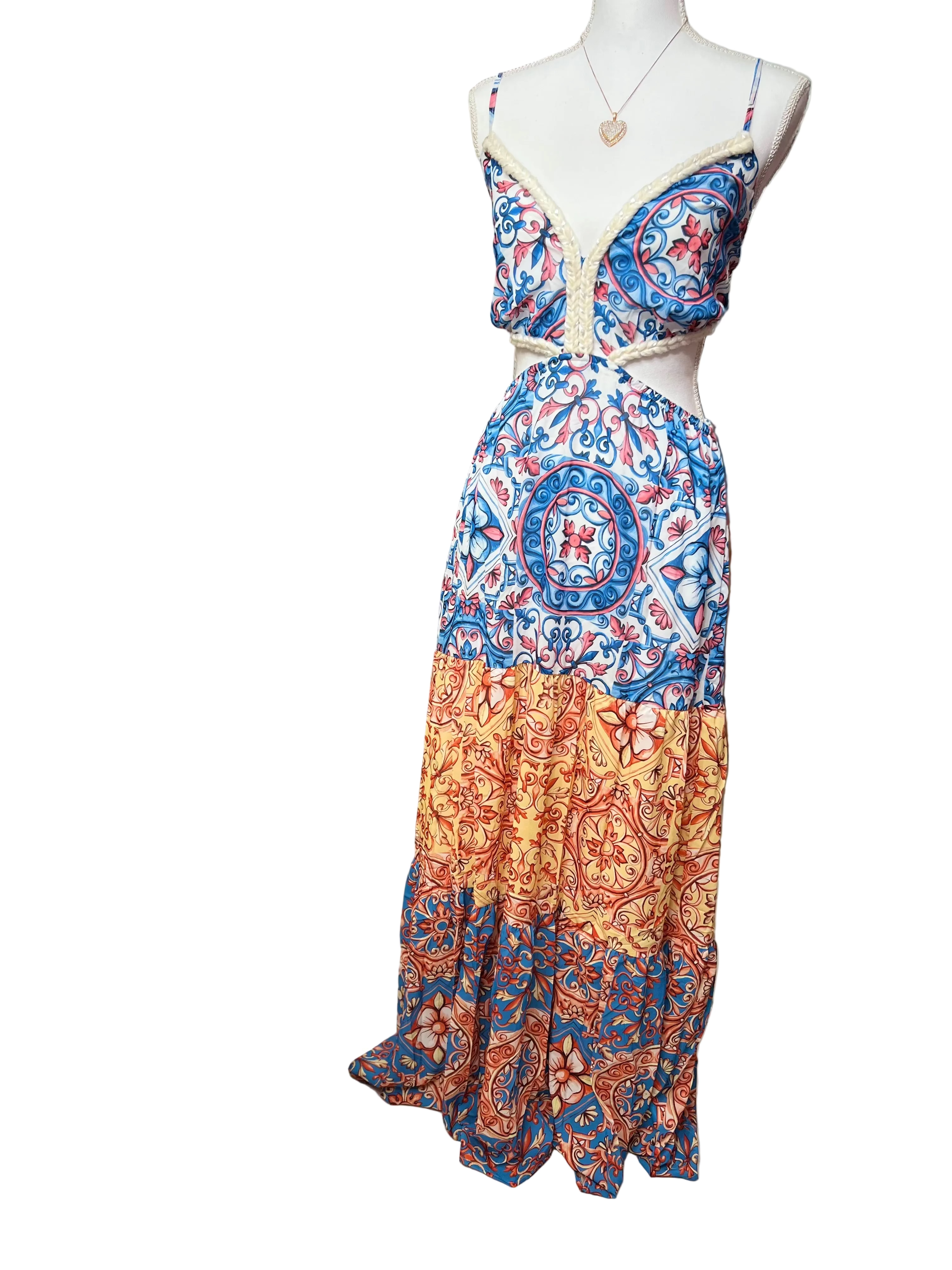 Baroque Blue Maxi: Spaghetti Strap Cutout Waist Dress - Bella Boutique & Bellasbylola.com