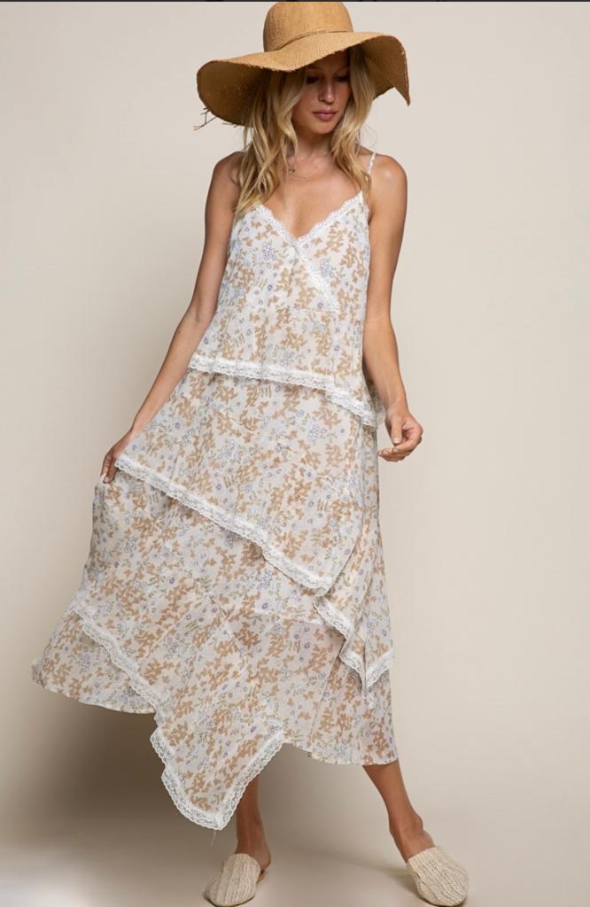 Romantic Beige Spaghetti Strap Dress with Ruffle Design and Feminine Elegance - Bella Boutique & Bellasbylola.com