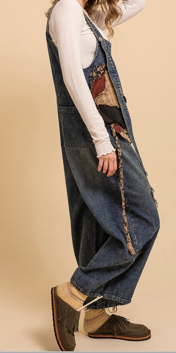 Patchwork Slouchy Denim Bib Overalls - PREORDER ARRIVING 9/2/26