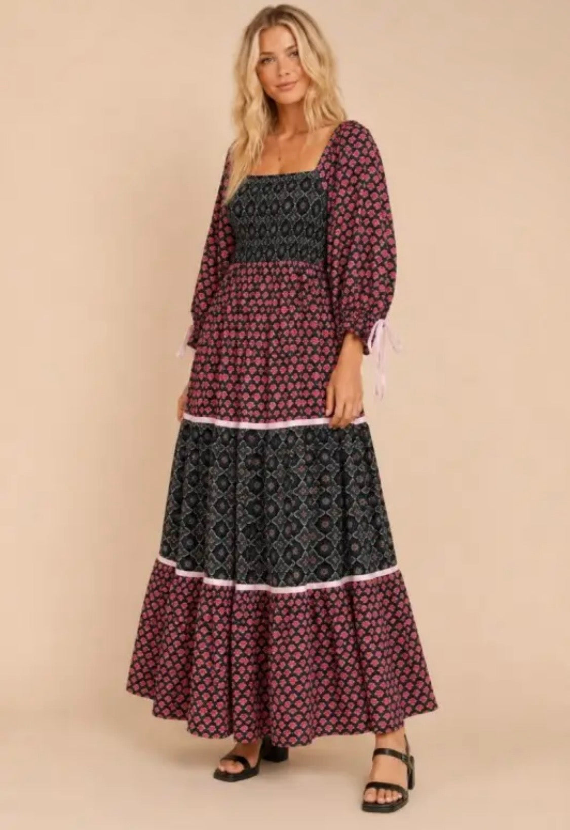 Mixed Pattern color block 3/4 sleeve Maxi Dress