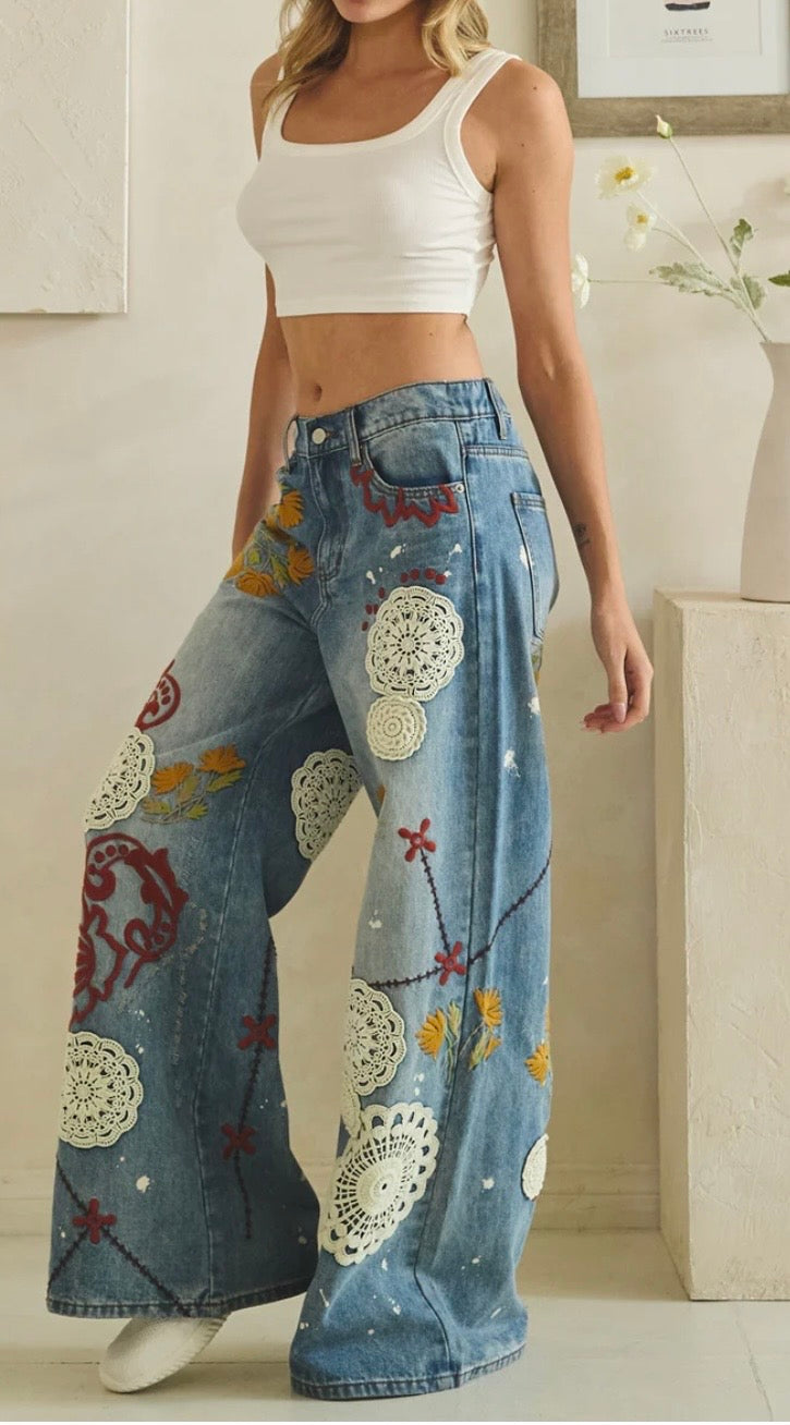 WASHED EMBROIDERY WIDE LEG DENIM PANTS - PREORDER