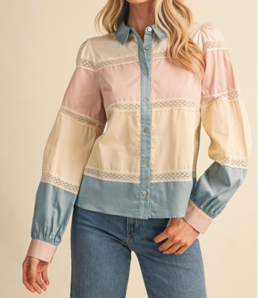 Dusty Blue Color Block Lace Trim Tiered Cotton Blouse - Arriving 9/25/26