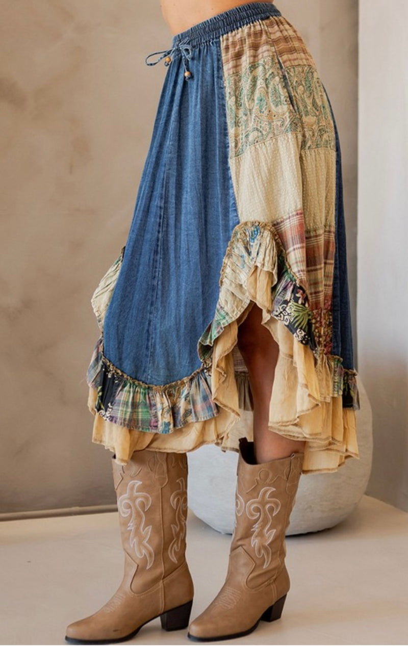 Bohemian Patch Denim Midi Skirt