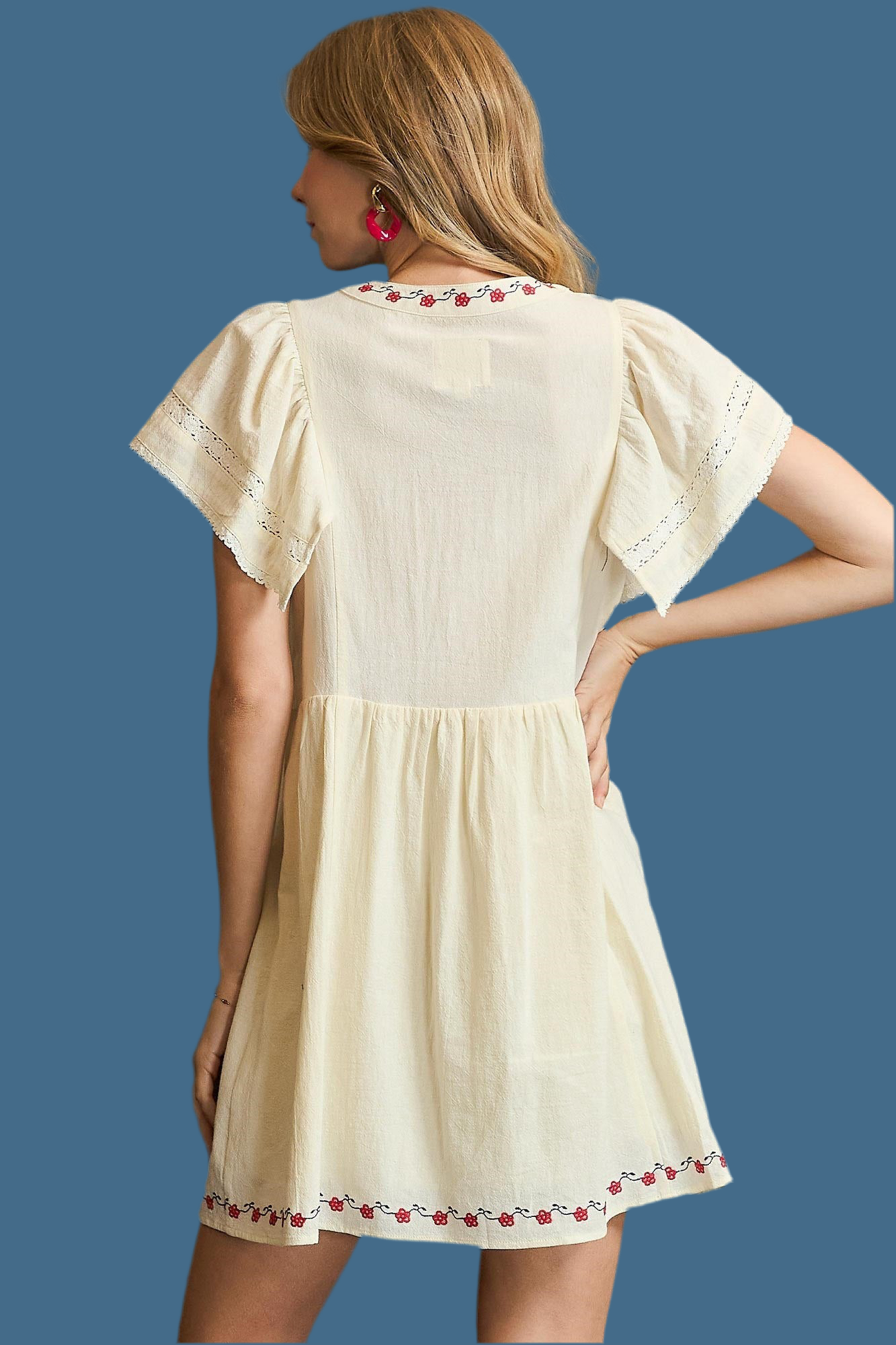 Folk Embroidered Flutter Sleeve Dress