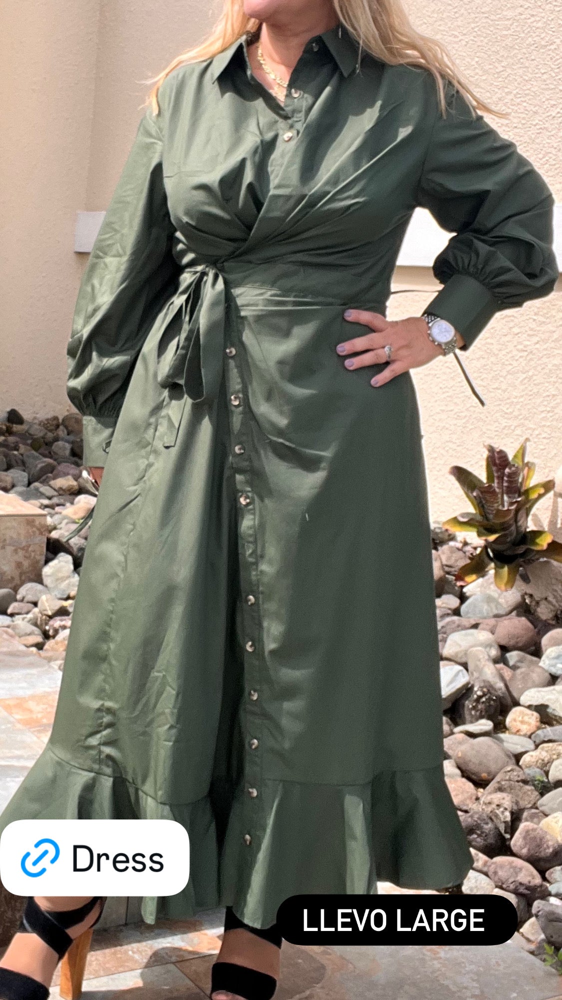 Army Green Asymmetrical Button Down Midi Dress -True to size