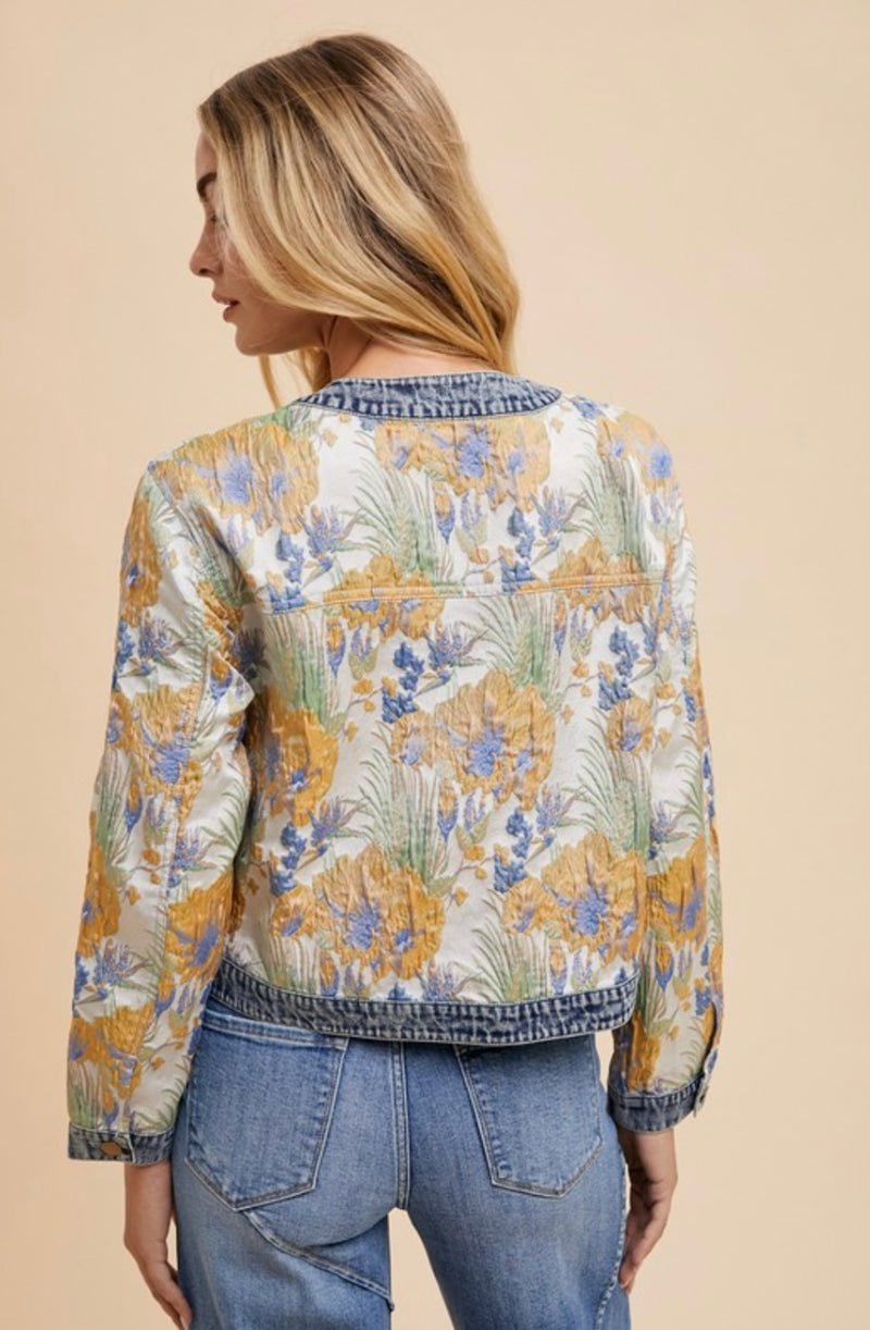 Floral Jacquard Denim Contrast Jacket