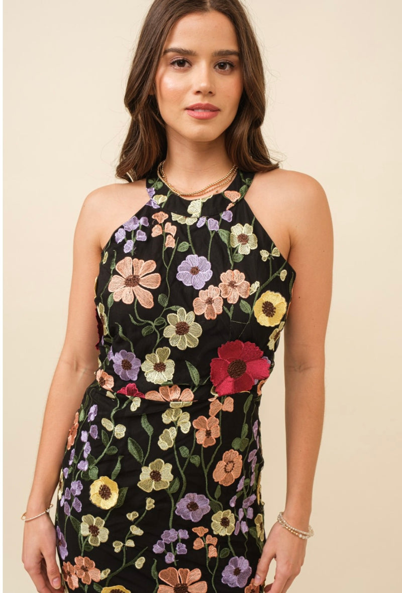 Hi Neck 3D Floral Midi Dress - Bella Boutique & Bellasbylola.com