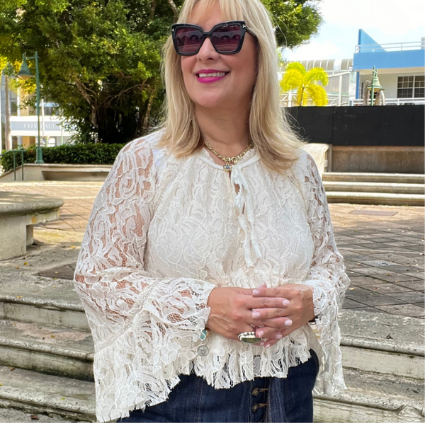Lace Bell Sleeve Ruffle Blouse