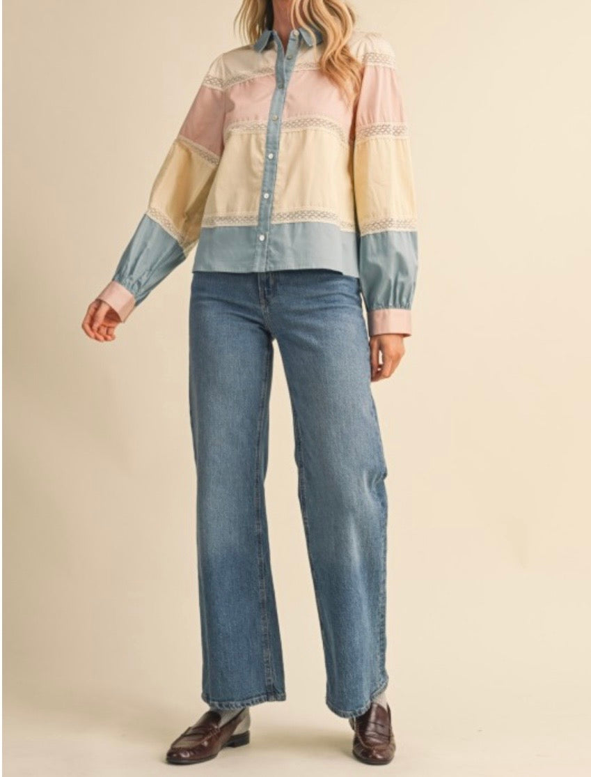 Dusty Blue Color Block Lace Trim Tiered Cotton Blouse - Arriving 9/25/26