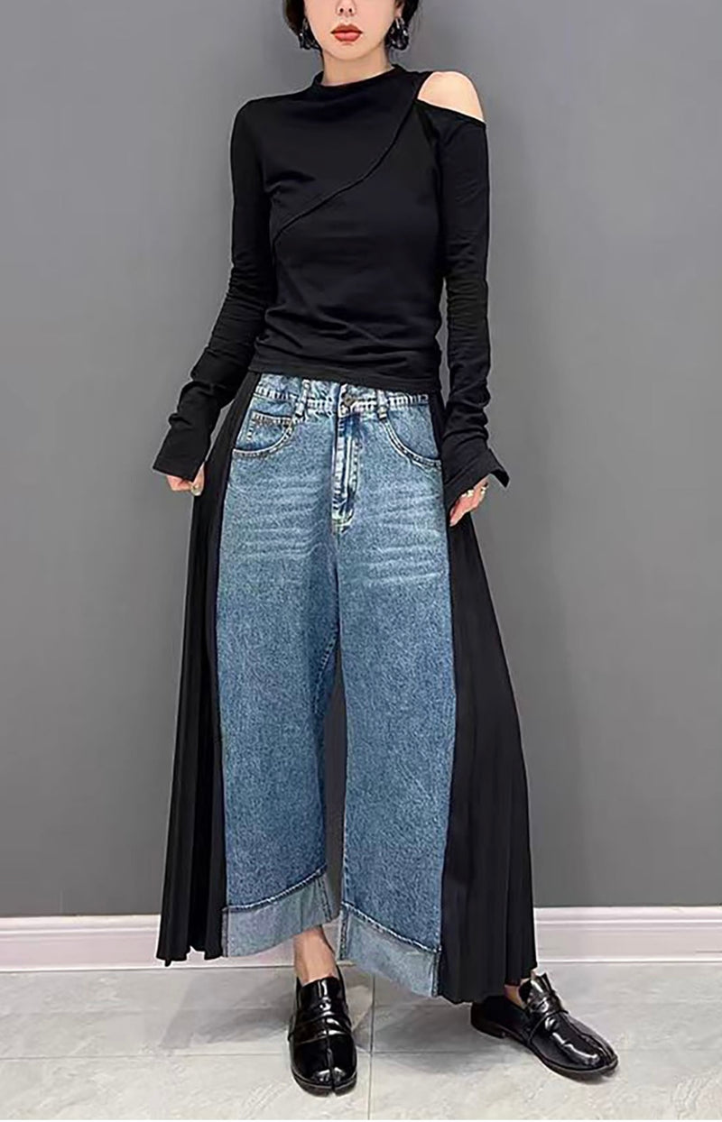 Denim  Black & Blue Pleated Contrast Pants - Bella Boutique & Bellasbylola.com