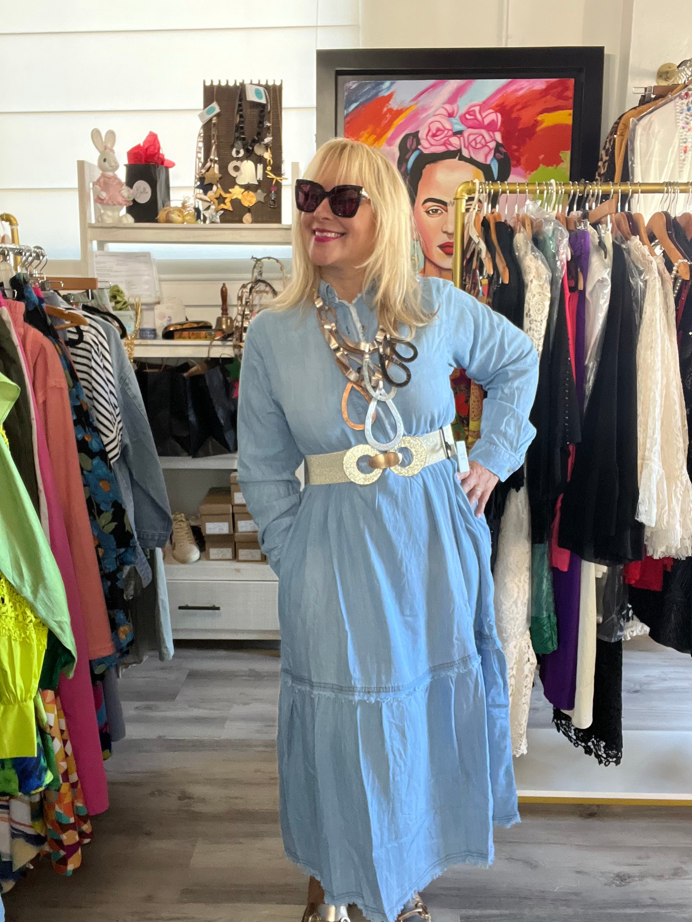 Button Front Wash Denim Maxi Dress