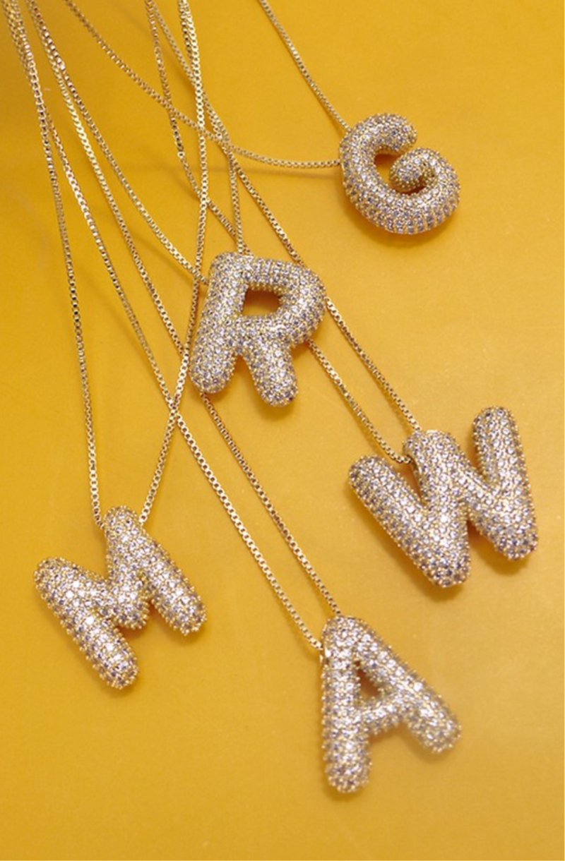 INITIAL PAVE RHINESTONE BUBBLE BALLOON NECKLACE