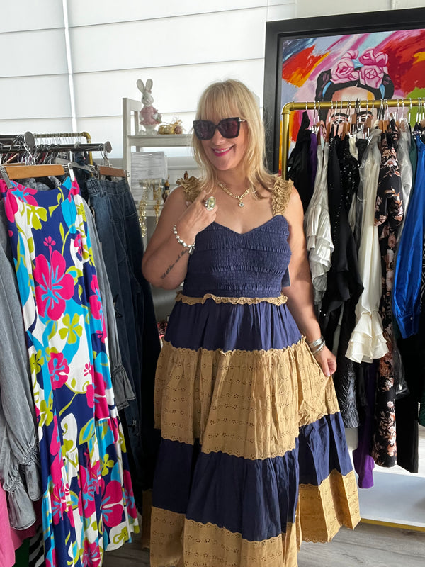 Eyelet Navy & Beige Maxi Dress