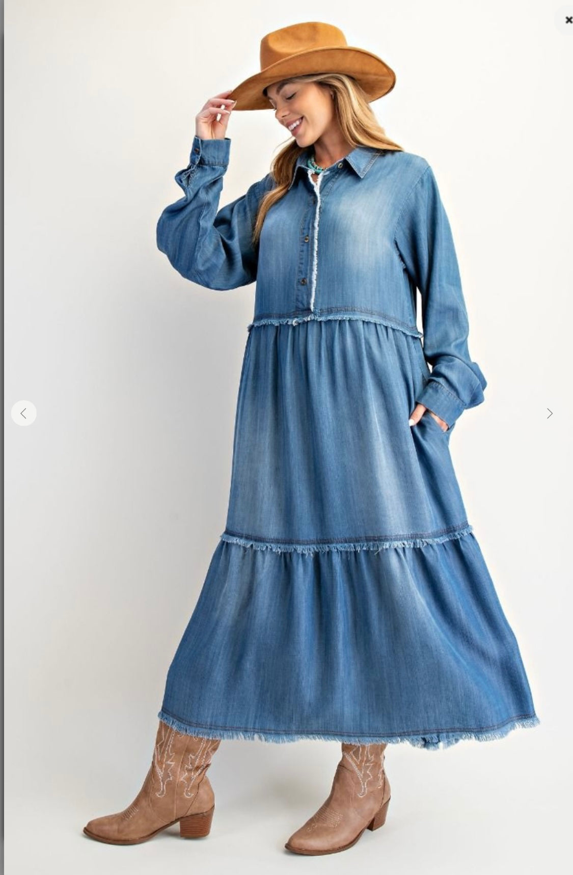 Button Front Wash Denim Maxi Dress