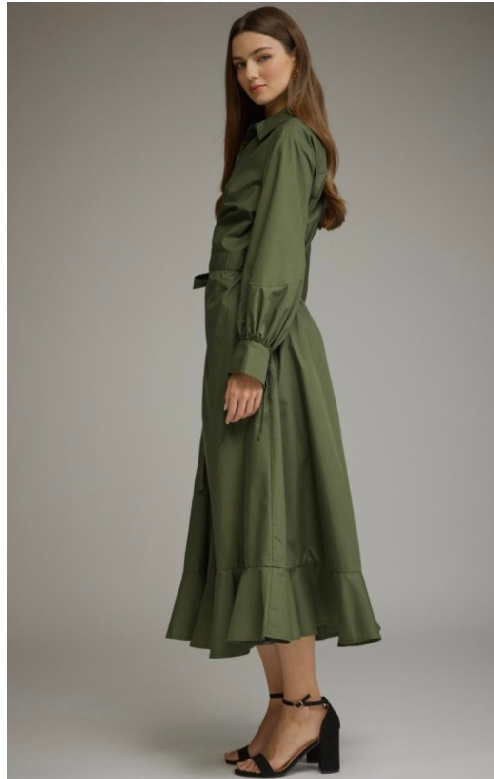 Army Green Button Down Midi Dress