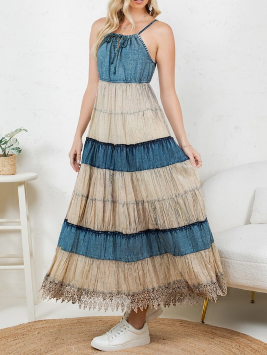Halter Neck Denim Boho Maxi Dress - In Store & Online💫 Tax Included -PRE-ORDEN