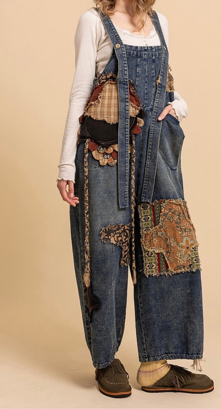 Patchwork Slouchy Denim Bib Overalls - PREORDER ARRIVING 9/2/26