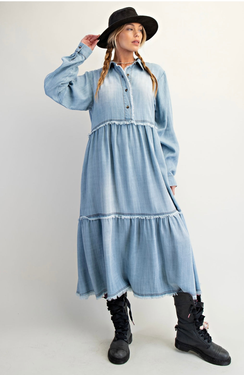Button Front Wash Denim Maxi Dress