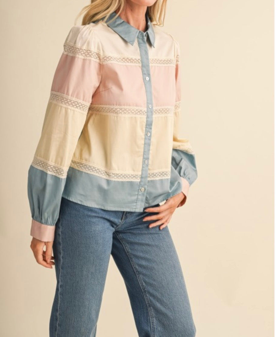 Dusty Blue Color Block Lace Trim Tiered Cotton Blouse - Arriving 9/25/26