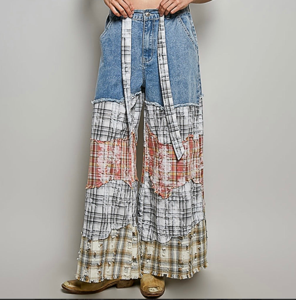 Boho Patchwork Wide Leg Denim Pants – Vintage-Inspired Statement Jeans
