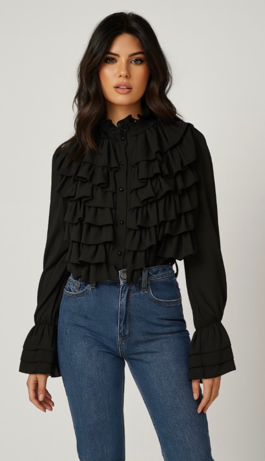 Black Boho Chic Tiered Ruffles Belted Chiffon Blouse  /Premium Clothing  💫