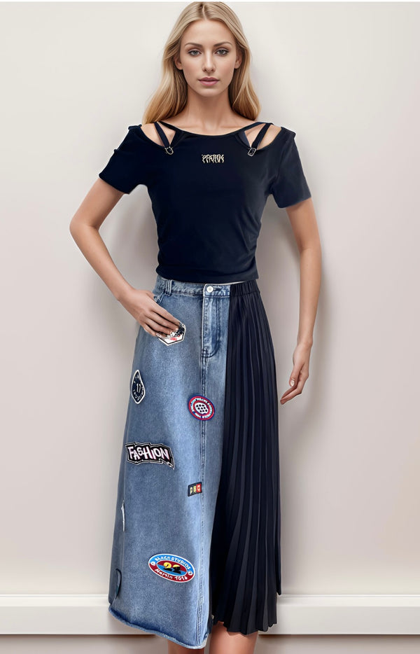 Denim  Black & Blue Pleated Contrast Skirt - New ✨✨✨