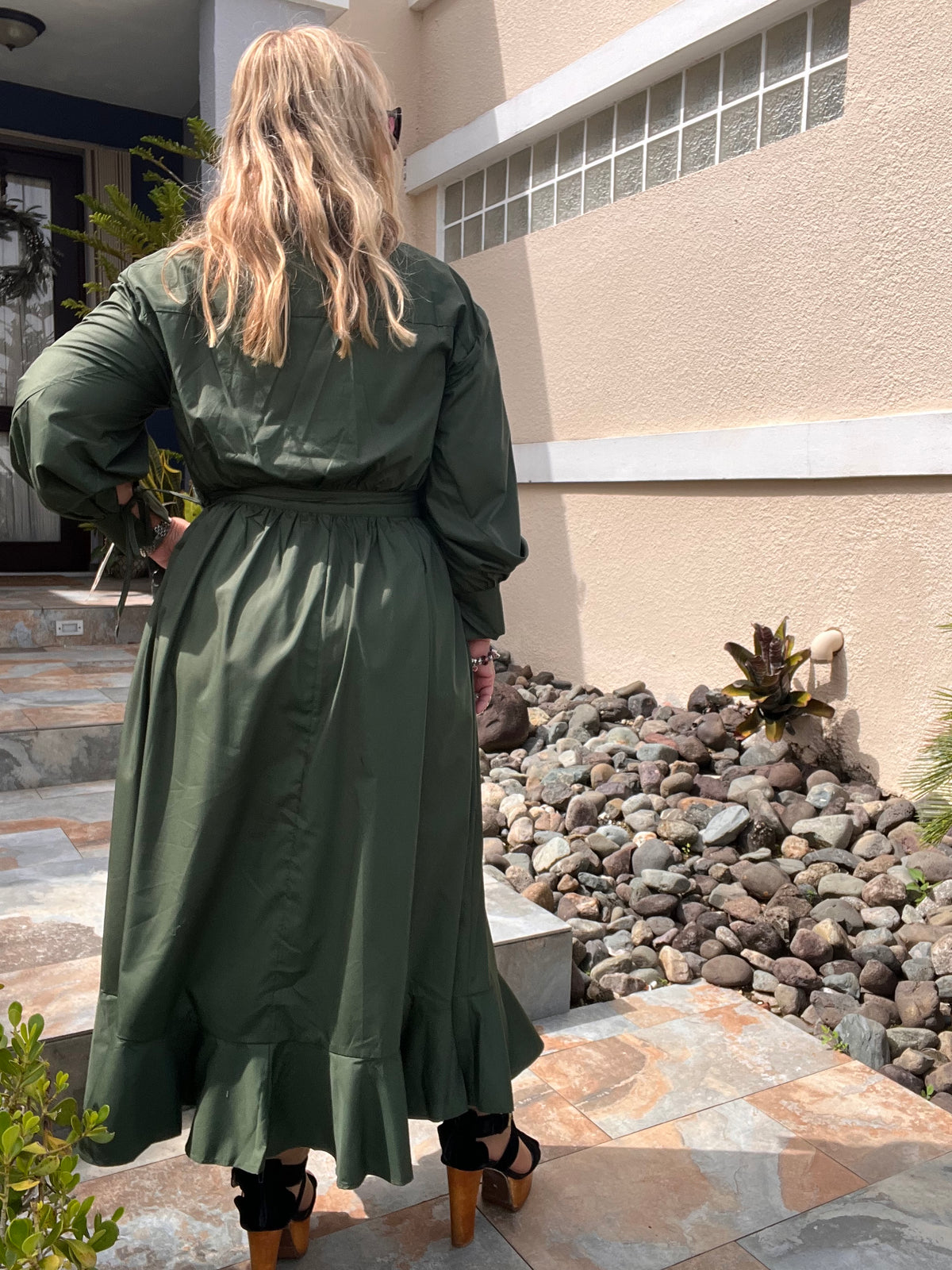 Army Green Asymmetrical Button Down Midi Dress -True to size