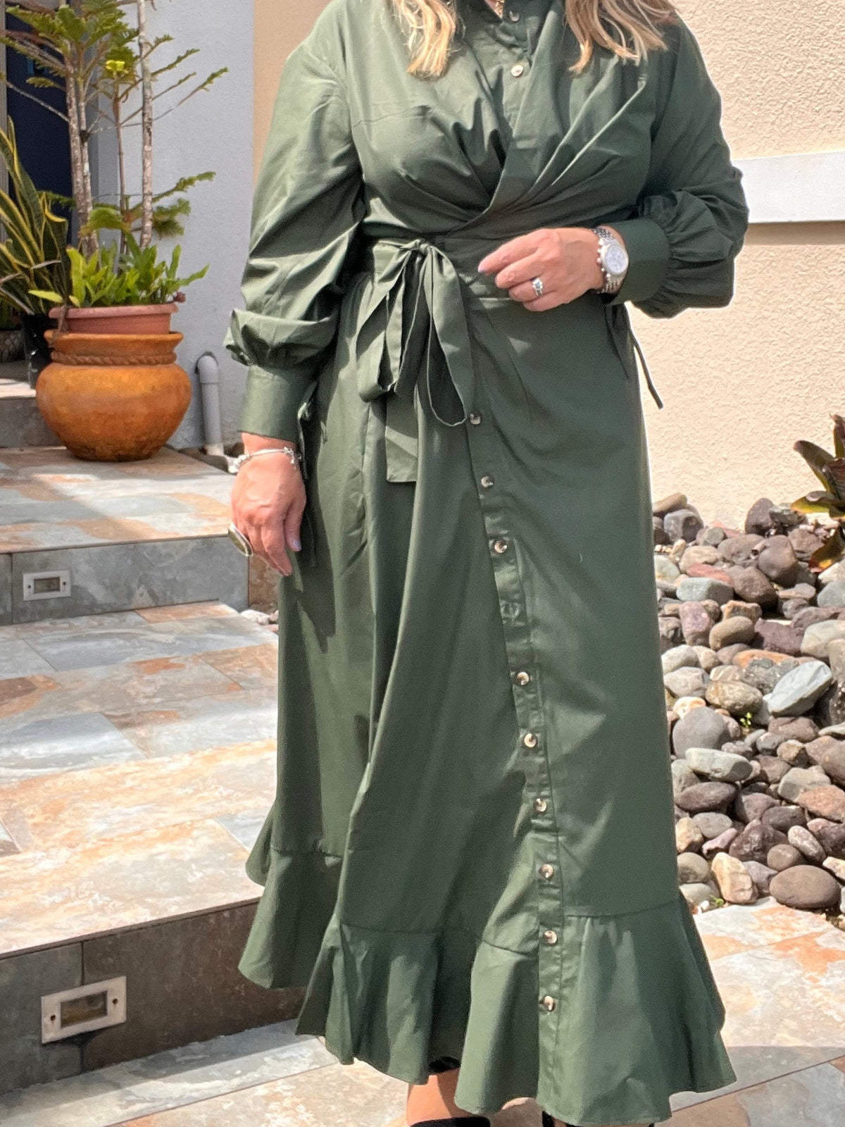 Army Green Asymmetrical Button Down Midi Dress -True to size
