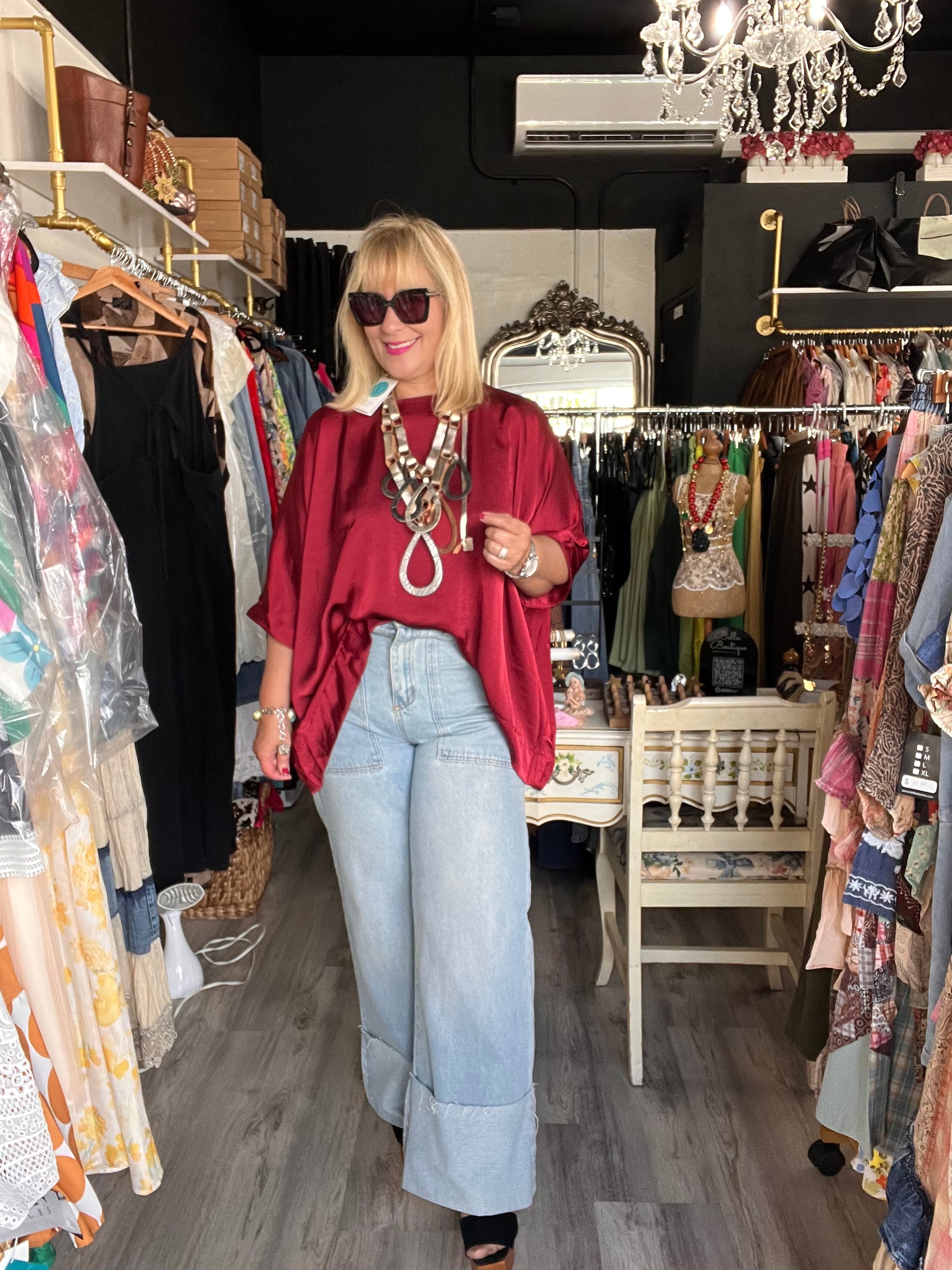 Burgundy Satin Tunic Blouse